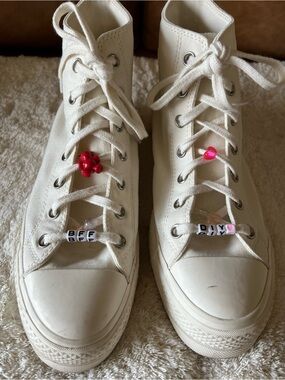 Canvas High-Top Sneakers in Cream with Beaded Lace Charms